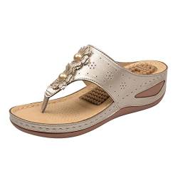 Sandalen Damen Mit Absatz Beige Damen Sandalen Bequeme Flip Flops für Frauen mit Fußgewölbestütze Sommer Lässige Keilsandalen Schuhe Massagefunktion Fersensporn Schuhe Damen von Sunnyuk