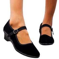 Sandalen Damen mit Absatz Bequem Peep Toe Bequeme Hausschuhe Frauen Sandaletten Schwarz 40 Schnalle Rutschfeste Römersandalen Ledersandalen Fußbett Flat Sommerstiefel Ballerinas von Sunnyuk