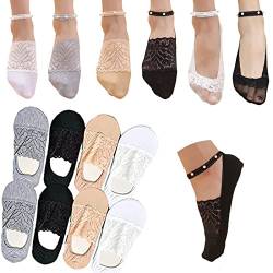 Sunnyuk 4/6 Paar Damen Perlen Spitze Socken Damensocken mit Perlenspitze, transparente Sommersocken für Damen, tief geschnittene Knöchelkettensocken mit rutschfesten Grip-Socken von Sunnyuk