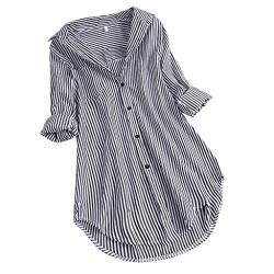 Sunnyuk Bluse Damen Gestreift Elegant Modisches Longshirt Langarm Baumwolle Langarmshirt Umlegekragen Oberteile mit Knöpfen Hemden Große Größen Hemdbluse Tunika Tops Oversize Locker Blusentops von Sunnyuk