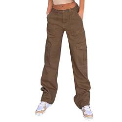 Sunnyuk Cargohose Damen 3/4 Jeans Weites Bein Freizeithose Damen Lang Sommer Aesthetic Vintage Cargo Hose Loungewear Teenager Mädchen Frauen Sporthose Lang Weites Bein von Sunnyuk