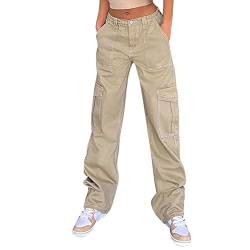 Sunnyuk Cargohose Damen 3/4 Jeans Weites Bein Freizeithose Damen Lang Sommer Aesthetic Vintage Cargo Hose Loungewear Teenager Mädchen Frauen Sporthose Lang Weites Bein von Sunnyuk