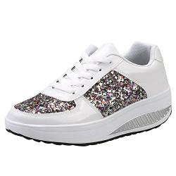 Sunnyuk Sneaker Damen mit Pailletten Keilabsatz Glitzer Sportschuhe Glänzende Dicker Turnschuhe Schuhe Schnürsenkel Walkingschuhe von Sunnyuk