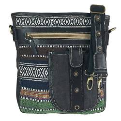 Sunsa Damen Umhängetasche. Crossbody Bag mit Streifen Design. Schultertasche aus Baumwolle & Leder. Schwarz/bunt Crossover Tasche mit viele Fächer von Sunsa