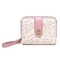 Sunwel Fashion Kawaii Prints Geldbörse mit Katzenmotiv außen Reißverschluss um Münzgeldbörse Bifold Bill Wallet Kreditkartenhalter Ausweisfenster, Pink, Faltbare Geldbörse von Sunwel Fashion