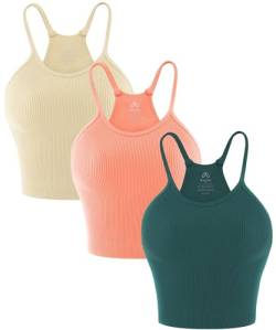 Sunzel Damen Nahtlose Crop Ribbed Tank Tops mit Racerback No Pad, Bbeige Coral Teal (3 Stück), M/L von Sunzel