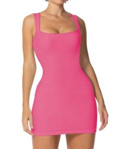 Sunzel Damen Sexy Kleid mit quadratischem Ausschnitt, gerippt, ärmellos, niedliches Tank-Top, Party, Club, nahtlos, figurbetont, kurz, Mini-Freizeitkleider, bubblegum pink, Mittel von Sunzel