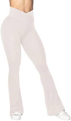 Sunzel Flare Leggings, Crossover Yogahose mit Bauchkontrolle, hohe Taille und weites Bein, beige, M von Sunzel