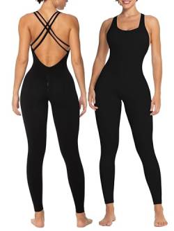 Sunzel Jumpsuits für Frauen, rückenfrei, nahtlos, Workout, einteilig, figurbetont, U-Ausschnitt, Butt Scrunch Leggings Unitard, Schwarz, X-Small von Sunzel