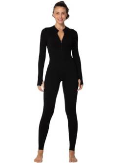 Sunzel Langarm-Jumpsuits für Frauen, gerippt, einteilig, lässig, Yoga, Workout, Reißverschluss vorne, figurbetont, Legging Fit & Daumenloch, Schwarz, Small von Sunzel
