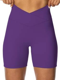 Sunzel Nunaked Crossover-Biker-Shorts für Damen, ohne Vordernaht, V-Ausschnitt, hohe Taille, Yoga, Workout, Fitness-Shorts mit Bauchkontrolle, Petunie, Klein von Sunzel