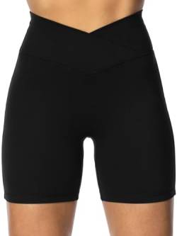 Sunzel Nunaked Crossover-Biker-Shorts für Damen, ohne Vordernaht, V-Ausschnitt, hohe Taille, Yoga, Workout, Fitness-Shorts mit Bauchkontrolle, Schwarz, Mittel von Sunzel