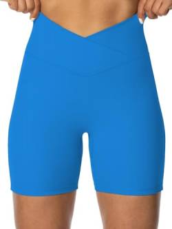 Sunzel Softmax Crossover-Biker-Shorts für Damen, V-Ausschnitt, überkreuzt, hohe Taille, Yoga, Workout, Fitness-Shorts mit Bauchkontrolle, Klassisches Blau, Mittel von Sunzel