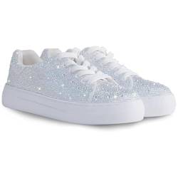 Sparkle Strass Sneakers für Frauen Bling Sneakers Strass Turnschuhe Weiß Schuh Glitzer Mode Bedazzled Strass Plattform Tennis Schuhe Braut Pailletten Hochzeit und Party Trendy Schuh, Weiss/opulenter von Suokdil