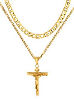 Supcare Edelstahlkette für Herren 2Pcs Layered Halskette INRI Jesus Kette Kreuz Anhänger Doppelkette Kruzifix Kette Kreuzkette Kreuzanhänger Gebet Kette Cross Necklace Accessories Schmuck für Opa von Supcare