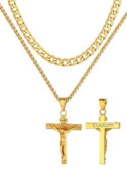 Supcare Edelstahlkette für Herren 2Pcs Layered Halskette INRI Jesus Kette Kreuz Anhänger Doppelkette Kruzifix Kette mit Gravur Kreuzkette Kreuzanhänger Cross Gebet Kette Accessories Schmuck für Opa von Supcare