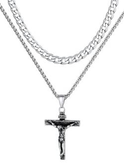 Supcare Herren 2Pcs Layered Halskette mit Kreuz Anhänger Kreuzkette INRI Jesus Kette Kreuz Doppelkette Gliederkette Layer Cross Necklace Mens Christen Kreuzanhänger Modeschmuck für Halloween von Supcare