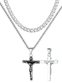 Supcare Herrenkette INRI Jesus Kette Kreuz Silber 2Pcs Layered Halskette Anhänger Doppelkette Kreuzkette Gravur Cross Pendant Necklace Kreuzanhänger Religion Katholizismus Modeschmuck für Männer von Supcare