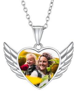 Supcare Silberkette mit Anhänger für Mädchen Halskette Herz Fotoanhänger Kette mit Gravur Text Bilder Kettenanhänger Flügel Fotokette Memorial Kette Personalisiert Modeschmuck für Muttertag von Supcare