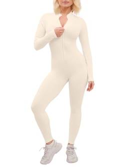 Super Eagle® Damen Bodycon Yoga Gerippter Jumpsuit Langarm Playsuits Unitard Strampler Onesies Reißverschluss Sport Bodysuit, beige, Small-Medium von Super Eagle