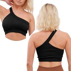 Super Eagle® Einschultriger Sport-BH für Damen, Stretch, bauchfreies Top, Weste, Laufen, Activewear, Fitness, drahtlos, hohe Belastung, gerippt, lang, nahtlos, Fitnessstudio, Workout, Schwarz , S/M von Super Eagle