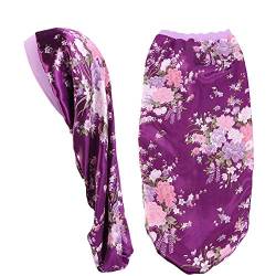 Extra lange Schlafmütze aus Satin, für Zöpfe, Haare, lose Kappe (violette Blumen) von SuperiMan