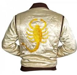 Weiße Jacke mit Stickmotiv eines goldenen Skorpions auf dem Rücken platziert, das Design stammt aus dem Film „Drive“, Elfenbein, XXL von Superior Leather Garments