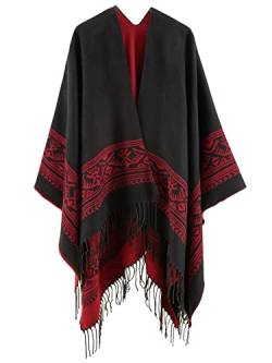 Superora Damen Poncho Cape Umhängetuch Stola Strick-Pullover Karierte Deckenschal Sweatshirt Schal mit Fransen,Rot von Superora