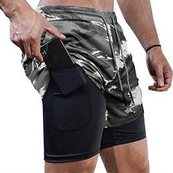 Superora Herren Sport Shorts Laufshorts 2 in 1 Kurze Running Sporthose Fitness Training Mit Eingebaut Taschen (Tarngrau, M, m) von Superora