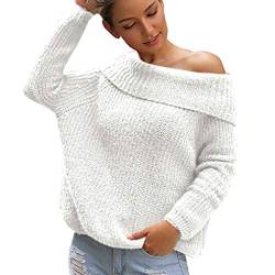 Supertong Damen Strickpullover Frauen Schulterfrei Oberteile Pullover Oversize Strickpulli Langarmshirt Herbst Winter Off Shoulder Jumper Sweatshirt Elegantes Stricken Sweater Pulli Winterpullover von Supertong