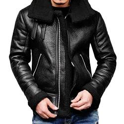 Supertong Herren Jacke Lederjacke Vintage Einfarbig Pelzkragen Bikerjacke Motorradjacke Winter Verdicken Warm Plüschjacke Ledermantel Männer Winterjacke Casual Revers Kunstleder Mantel Bomberjacke von Supertong