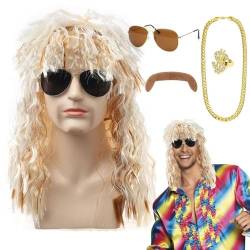80er-Jahre-Perücke für Männer, 80er-Jahre-Disco-Perücke | 5-teiliges Disco-Vokuhila-Perücken-Haarset | Hippies Cosplay Partykostüm mit Schnurrbart, Brillenring und Kette für Rapper Rocker von Suphyee