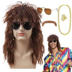 Lange Disco-Lockenperücken, Disco-Hippies-Perücke für Herren,5-teiliges Set Hippies Männer Vokuhila lockiges langes Haar - 80er-Jahre-Outfits, Disco-Accessoires für Männer, Rocker, Rapper, mit Schnurr von Suphyee