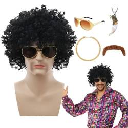 Suphyee 70er-Jahre-Kostümperücke für Herren, 70er-Jahre-Disco-Perücke für Herren | 5-teiliges Hippie-Kostüm-Set,Kostümzubehör, Disco-Partyzubehör, inklusive Perücke, Schnurrbart, Hip-Hop-Kette, von Suphyee