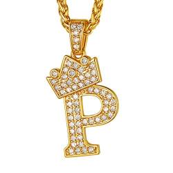 Suplight 18k vergoldet Krone Buchstabe P Kette Iced-Out CZ Anhänger Halskette für Männer Jungen 56+5cm Weizenkette Hip Hop Rapper Modeschmuck Accessoire von Suplight