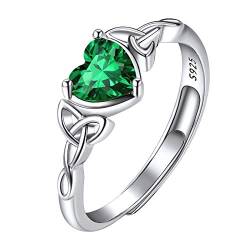 Suplight Damen 925er Silber Herz Ring mit synthetischem Smaragd Geburtsstein von Mai grüne Zirkonia Solitärring Verstellbarer Ring Accessoire Schmuck für Hochzeit Geburtstag von Suplight