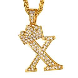 Suplight Herren Buchstabe X Halskette Iced-Out CZ Krone Anhänger mit 56+5cm Weizenkette 18k vergoldet Hip Hop Rapper Modeschmuck Accessoire für Jungen von Suplight