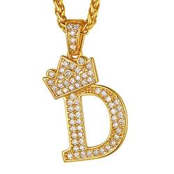 Suplight Iced-Out Buchstabe D Kette Herren 18k vergoldet Krone Anhänger Halskette 3mm/56+5cm Weizenkette Hiphop Modeschmuck Accessoire für Rapper Biker von Suplight