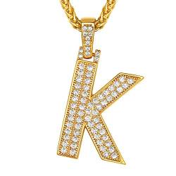 Suplight Iced-Out Buchstabe K Kette Herren 18k vergoldet Initiale Anhänger Halskette 3mm/56+5cm Weizenkette Hiphop Modeschmuck Accessoire für Rapper Biker von Suplight
