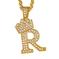 Suplight Iced-Out Buchstabe R Kette Herren 18k vergoldet Krone Anhänger Halskette 3mm/56+5cm Weizenkette Hiphop Modeschmuck Accessoire für Rapper Biker von Suplight