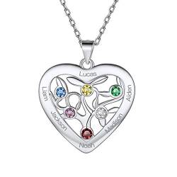 Suplight Namenskette mit Geburtsstein Souvenir für BFF Damen Mädchen 925 Sterlingsilber personalisiert Baum des Lebens Herzanhänger Halskette Namen Gravur Geschenk für Familienglied Freunden von Suplight