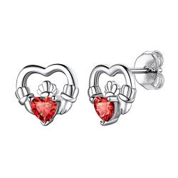 Suplight Ohrringe für Damen S925 Sterling Silber Nickelfrei Mondstein Ohrstecker Herzförmige Zirkon Irischer Claddagh Earrings mit Geburtsstein Juli Synthetischer Rubin von Suplight