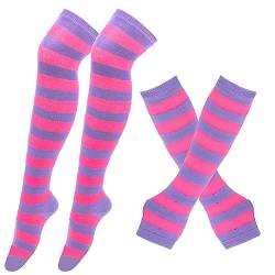 Gestreifte Kniestrümpfe Overknee Strümpfe mit Armstulpen Damen Lange Streifen Arm Wärmer Bein Strumpf Hohe Socken Fingerlose Handschuhe Hülsen-Set High knee Socks für Frauen Mädchen Party Kostüm von Surakey