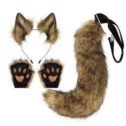 Katze Cosplay Kostüm Set Katzenohren Stirnband Kätzchen Schwanz Ohren Kragen Pfoten Handschuhe Fuchs Wolf Kostüm Katze Haarreif Halloween Weihnachten Kostüm Party Dekoration für Kinder Frauen Mädchen von Surakey