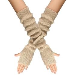 Surakey Winter Gestrickte Handschuhe für Damen, 1 Paar Fingerlose Armstulpen Feinstrick lang Handwärmer Stulpen, Warm Strick Handschuhe Pluswärmer Handstulpen Armwärmer Stulpen für Damen,Beige von Surakey