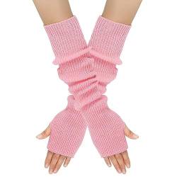 Surakey Winter Gestrickte Handschuhe für Damen, 1 Paar Fingerlose Armstulpen Feinstrick lang Handwärmer Stulpen, Warm Strick Handschuhe Pluswärmer Handstulpen Armwärmer Stulpen für Damen,Rosa von Surakey