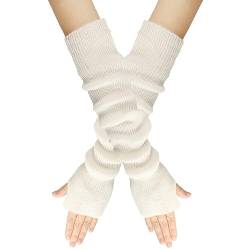 Surakey Winter Gestrickte Handschuhe für Damen, 1 Paar Fingerlose Armstulpen Feinstrick lang Handwärmer Stulpen, Warm Strick Handschuhe Pluswärmer Handstulpen Armwärmer Stulpen für Damen,Weiß von Surakey