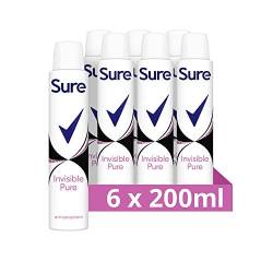 Sure Invisible Pure Anti-Transpirant Aerosol 6er Pack Deodorant für Frauen, schützt vor weißen Flecken und gelben Flecken, 48h Schweiß- und Geruchsschutz, 200 ml von Sure