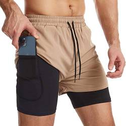 Surenow Herren 2-in-1 Laufshorts Quick Dry Athletic Shorts mit Innenfutter, Workout Shorts mit Reißverschlusstaschen und Handtuchschlaufe, Khaki, Mittel von Surenow