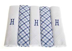 Herren Taschentücher mit Initialen bestickt mit Satin-Bordüre und blauen karierten Handtaschen, verschiedene Buchstaben, 5 Stück Gr. 5 Pack, h von Surf the Shop